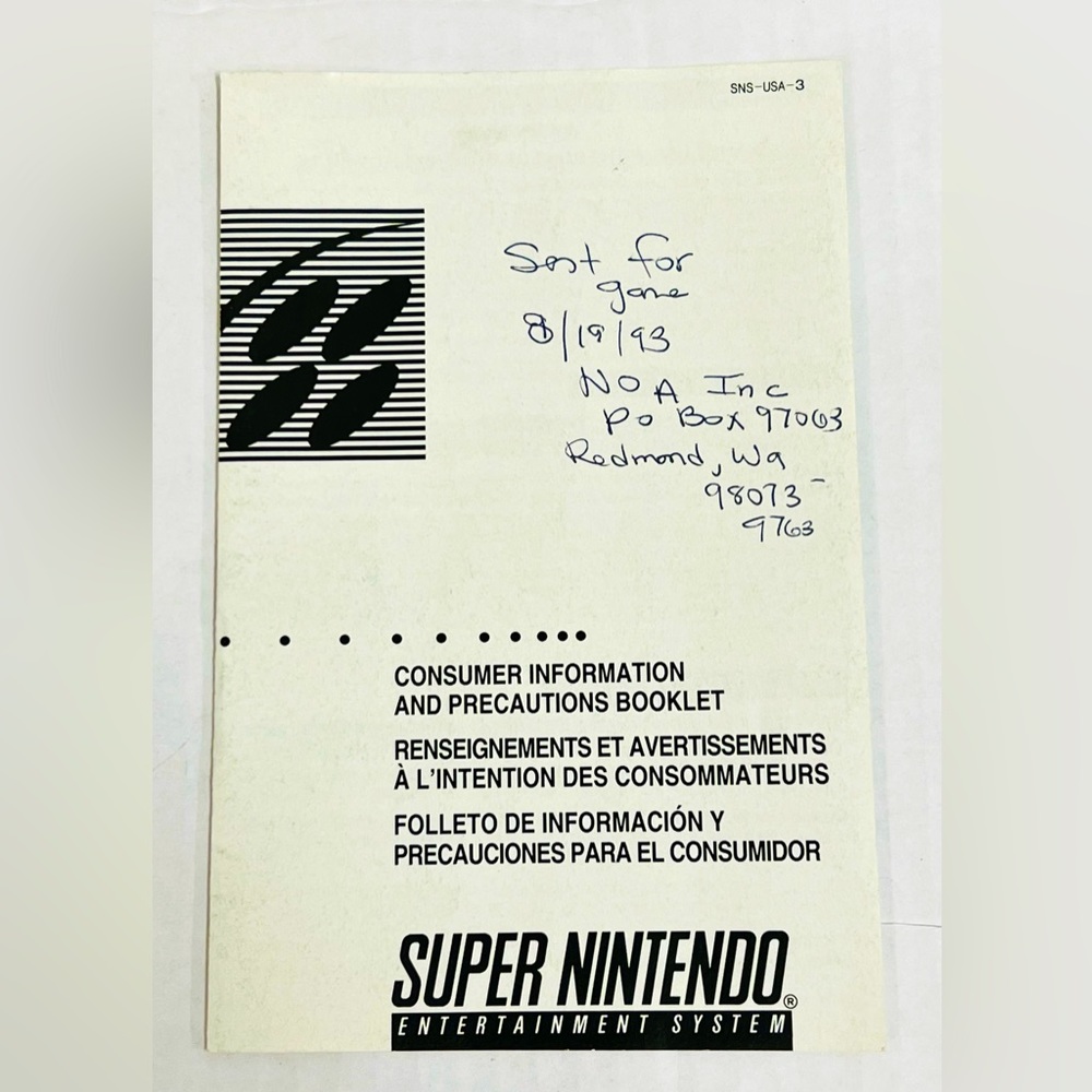 CONSUMER INFORMATION and PRECAUTIONS BOOKLET for 1991 Nintendo SNES.